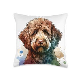 Chocolate Labradoodle Dog Watercolor Artwork Throw Pillow