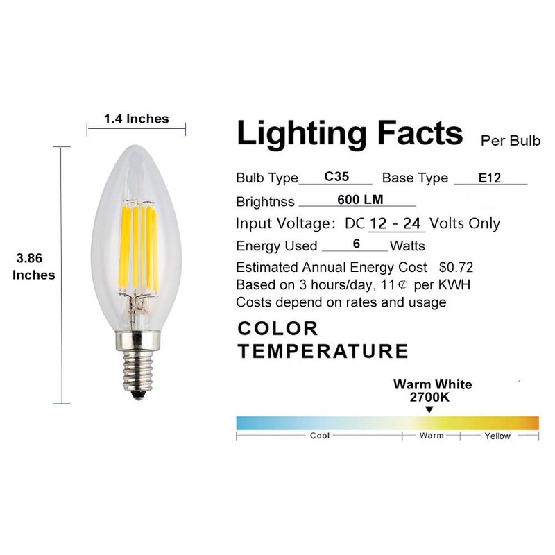 OPALRAY LED Candelabra Bulb, DC 12 Volts, Dimmable with DC