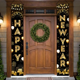 KatchOn, XtraLarge Happy New Year Door Banner - 72x12 Inch | Black and Gold Happy New Year Banner for Door | New Years Eve Banners, Happy New Year Decorations 2025 | New Years Eve Party Supplies 2025