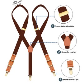 MENDENG Adjustable Suspenders for Men Bronze Metal Clips Braces with Leather, Brown Leather/Coffee, One Size