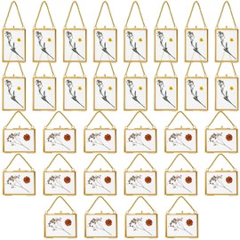 Kigley 32 Pcs Double Glass Frame for Pressed Flowers Floating Hanging Photo Frame 3.5 x 2.5 in Brass Clear Pressed Flower Decor with Chain for Display Gallery Artwork, Horizontal Vertical (Gold)