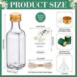 Reallnaive 20 Pack 3 oz Mini Glass Olive Oil Bottles Set, Homemade Wedding Sauce Gift Bottles Leakproof Screw Cap, Thank You Wedding Stickers for Storing Oil Honey Bridal Baby Shower Holiday Favors