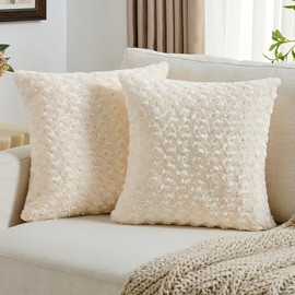 FUTEI Cream White Rose Decorative Throw Pillow Covers 22x22 Inch Set of 2, Square Soft Plush Faux Fur Textured Couch Pillow Covers, Modern Home Decor for Sofa Bed Living Room