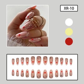 Press on Almond Nails-24Pcs Artificial False Nails with Heart Designs Heart Glossy Full Cover Medium Acrylic Reusable Fake Nails Glue Stick on Fingernails for Women Girls