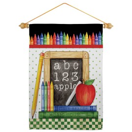 School Chalk Board Garden Flag Set Wood Dowel Education Back to First Day Bus Supplies Teacher Students Class Small Decorative Gift Yard House Banner Made In USA 13 X 18.5