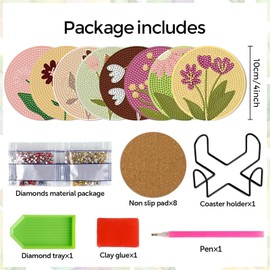 DOTZSO 8 Pcs Diamond Art Coasters Kit with Holder, Diamond Art Kits for Adults Beginners Small Diamond Painting Coasters, Arts and Crafts for Adults Supplies Item Sets (Flowers)