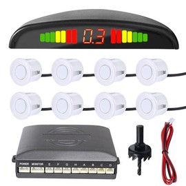MOCNT Car Reverse Parking Sensors Car Rear Reverse Parking Radar System Car Parking Sensor Kit 8 Sensor Auto Sound Alarm Alert Reverse Backup Radar Display White