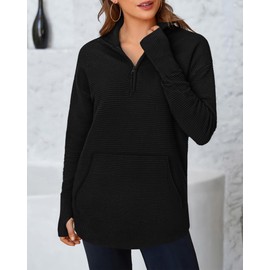 BTFBM Sweaters for Women Fall Winter Clothes 2025 Pocket Quarter Zip Pullover V Neck Long Sleeve Knit Trendy Sweater(Black, Small)