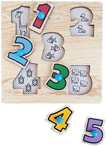 Rompecabezas de Madera con pija para niños pequeños - Números y Cantidades 1 al 5 - Aprendizaje temprano Educativo - Rompecabezas Clavija de Madera -