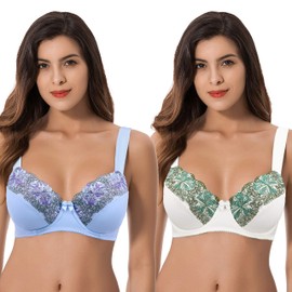 Curve Muse - Sujetadores reductores de tamaño grande con aros sin forro con encaje bordado, paquete de 2 o 3, buttermilk,serenity(2 pack), 40D