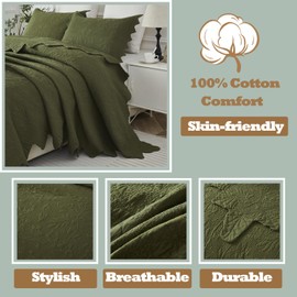 Brandream Queen Size Quilt Set Cotton Olive Green Farmhouse Bedspreads Floral and Vines Matelasse Quilt Bedding Set Scalloped Edge Quilts 3-Piece