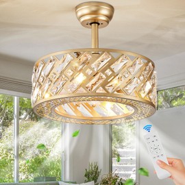 CATINER Crystal Caged Ceiling Fans with Light, 18" Bladeless Ceiling Fan with Remote Control, 6 Speed Enclosed Ceiling Fan with Reversible Motor for Bedroom Kitchen Living Room (Gold Gage)