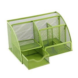 Mesh Pen Pot Desk Tidy Organiser for Office Desk Stationery Supplies Organizer, 6 Components with Drawer Stationery Storage(Green)