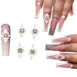 Set 10Pcs 3D Poinettia Flower -Nail Art Charms Handmade by Acrylic Powder Design Nail Art Floral Salon Decor, 3D -Flowers -Nails -Charms With Rhinestone Gems -For Women Girls (White 10 Pcs)
