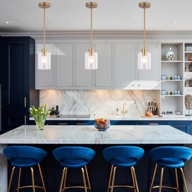 KLSS Brass Pendant Lights Kitchen Island,Modern Farmhouse Clear Glass Pendant Light,Gold Light Fixture Kitchen Pendant Mini Hanging Light Fixture for Sink (Brass 2 Pack stem Rod)