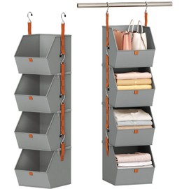 Homsorout Hanging Closet Organizer 4 Tier - Clothes Hanging Shelves, Space-Saving Closet System, Fabric Storage Bins Bedroom Organization, Collapsible Baskets for Home, Dorm, Rv, Grey