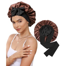 CHLINS Satin Bonnet Silk Bonnet for Sleeping Silk Sleep Cap Double Layer Hair Bonnet with Elastic Tie Band for Curly Hair Night Cap (Black+Brown)