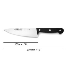 ARCOS Cuchillo Chef Acero Inoxidable. Cuchillo cocina para cortar y pelar alimentos pequeños. Mango ergonómico polioximetileno y Hoja 155 mm. Serie Universal. Color negro.