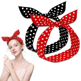 Wire Headbands for Women Bow Bandana Hair Scarf, Womens Vintage Plaid Bunny Ears Headbands Headwraps Hair Band, 2 Pieces Retro Polka Dot Christmas Vintage Print Wire Headband Head