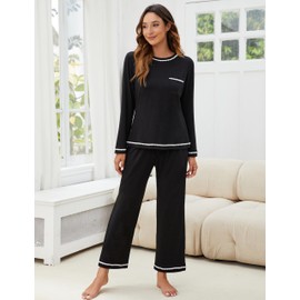 Blooming Jelly Womens Pajamas Set Drawstring 2 Piece Lounge Set Ruffle Long Sleeve Pjs Soft Wide Leg Sleepwear Pockets(L,Black)