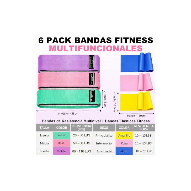 6 PCS Bandas de Resistencia,Bandas Elásticas,Varias Libras,Ligas Elásticas de Látex