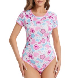 Somniumnight Adult Onesie Bodysuit for Women: Cute Stretchy Romper Snap Crotch - Kawaii Pajamas Soft Fit Gift for Sleepwear - Short Sleeve with Button Puppy Paw Print White 2XL