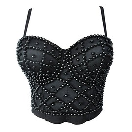 bslingerie® Madonna Style Metallic Studs Bustier Bra Corset Top (XL, Black Pearl)
