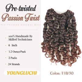 Pre-twisted Passion Twist Hair-6 Inch 2 Packs,Ombre Brown, Pre-looped Crochet Synthetic Braiding Hair(6 Inch-2Packs,T30)