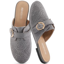 Ablanczoom Mules for Women Flat Shoes: Comfortable Slip On Suede Dressy Buckle Closed Toe Backless Womens Mule 2025 Grey