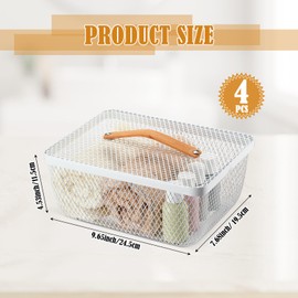 Tandefio 4 Pcs Metal Mesh Basket with Lid and Wooden Handle 9.65 x 7.68 Inch Wire Storage Basket Garden Baskets Organizer Containers for Vegetable Fruit Picnic Kitchen Bathroom (White)