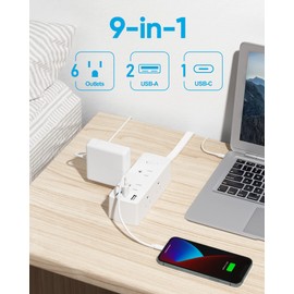 Flat Extension Cord 25ft, Olcorife Flat Plug Power Strip with 6 Outlets 3 USB Ports(1 USB C), 3-Side Outlet Extender Surge Protector for Home Office Dorm Room Essentials, White