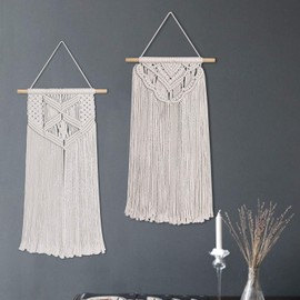 Flexzion 2 Pack Macrame Wall Decor Hanging Boho Hand Woven Tapestry Art Bunting Banner Bohemian Wall Decor for Home Bedroom Living Room Curtain Rustic Garland Baby Nursery, 30 Inch Cream White Cotton
