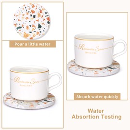 Dksyee 6 Pcs Terrazzo Style Ceramic Coasters with Holder - Absorbent Round Drink Coasters for Desk, Lounge, Coffee, Wine, Beverage, Bar - Set of 6