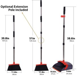TIMY CLEAN Long Handle Broom and Dustpan Set, Self-Cleaning with Dustpan Teeth for Home, Kitchen, Office, and Pets – Stand-Up Design for Indoor & Outdoor Sweeping (Red)