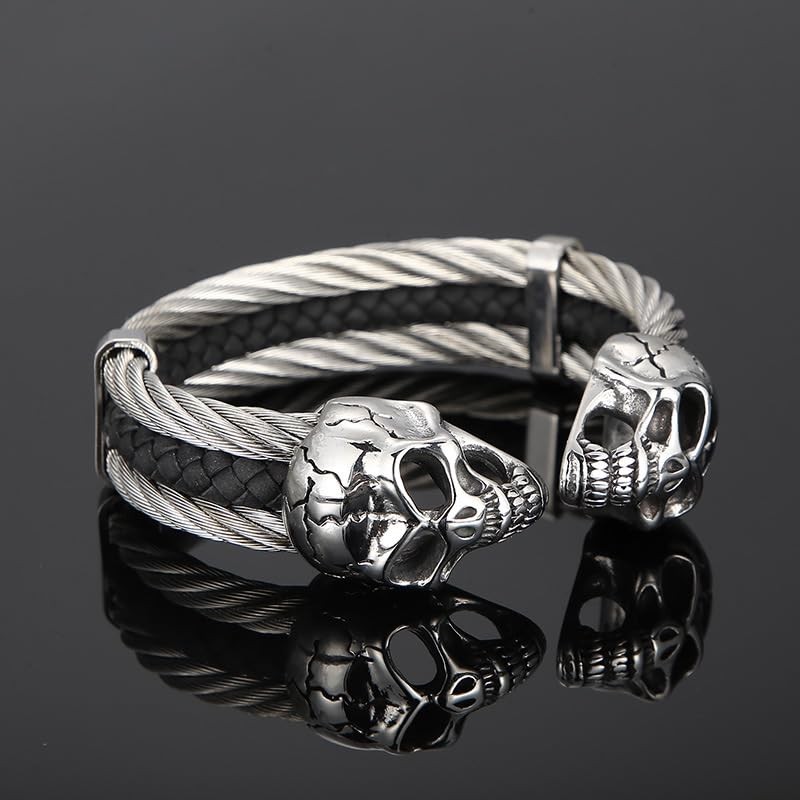 Klapgo Men's Gothic Skull Bracelet Stainless Steel Cable and Leather