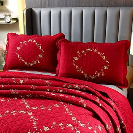 vctops 2-Piece Elegant Floral Embroidered Pillow Shams Queen Size 100% Cotton Quilted Decorative Pillow Shams Set (Red,20"x28")