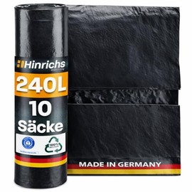 Hinrichs Bin Bags 240 L Extra Strong - Pack of 10 - XXL Waste Bags - 100 x 125 cm - LDPE - Perfect Waste Disposal for Household Garden Commercial Construction Site - Pack of 10 Bin Liners 240 L Black