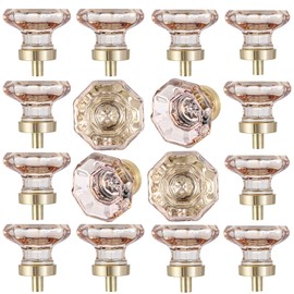 HIEMEY Glass Cabinet Knobs and Pulls16 Pack, Octagon Champagne Crystal Knobs for Dresser Drawer with Satin Brass/Brushed Gold Base