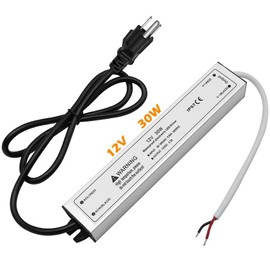 LED Driver Waterproof IP67 30W LED Power Supply Transformer Adapter 110V AC to 12V DC Low Voltage Output with 3-Prong Plug 3.3 Feet Cable for LED Strip Lighting, Outdoor Use