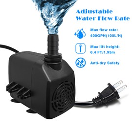 400GPH 25W Ultra Quiet Submersible Water Pump, 1000L/H Flow with 6.5ft High Lift for Aquariums, Fish Tanks, Ponds, Hydroponics, and Statuary - Black
