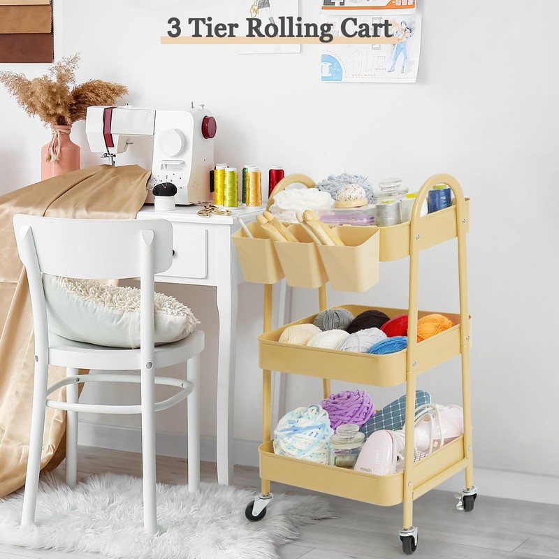 danpinera 3-Tier Rolling Cart, Utility Cart Mobile Metal Rolling Storage