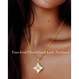 AGZBT Women Four Leaf Clover Gold Necklace, 14k Gold Plated Lucky Pendant Necklace. Long Gold Necklace, Adjustable Chain 18-20 Inches. Exquisite Clover Jewelry, Vintage Jewelry for Women, White