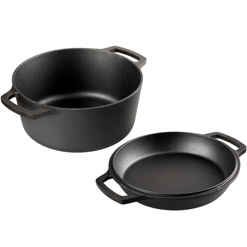 VORRINGARD Pre-seasoned Cast Iron Double Dutch Oven Pot with Skillet