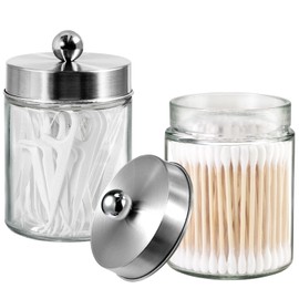 3 Pack Apothecary Jar Canisters Bathroom Vanity Organizer - Qtip Holder Storage Organizer Set Countertop Canister with Stainless Steel Lids &Cute Stickers for Qtips,Cotton Swabs,Makeup Sponges,Floss (Brushed Nickel)