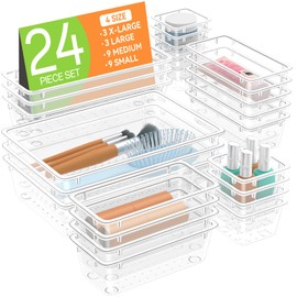 WOWBOX 24 PCS Clear Plastic Drawer Organizer Set, 4 Sizes Desk Drawer Organization and Storage Containers for Makeup, Cosmetics, Jewelry and Gadgets in Kitchen, Bathroom, Bedroom, Office, Clear