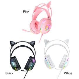 xinyee Gaming Headsets with Microphone, Noise Canceling Wired Headphones with Cartoon Cats Ear 7.1 Surround Sound Over-Ear Earphones for PC