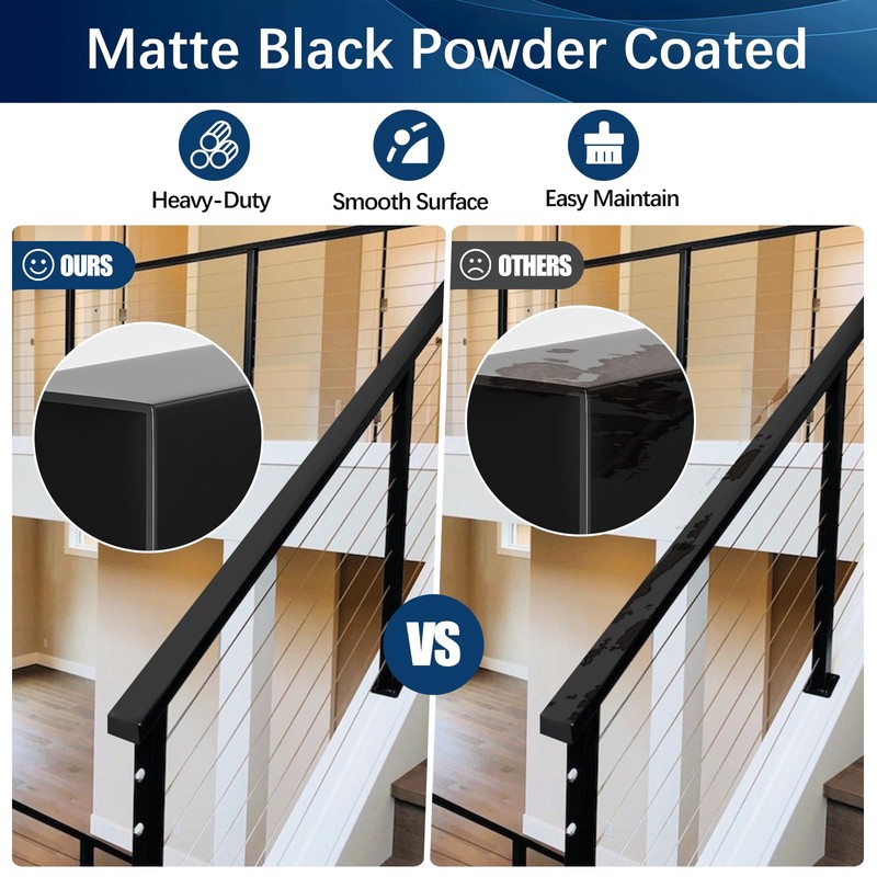 Gyykzz 6'6" Black Cable Railing Handrail, Stainless Steel T304 Rectangular