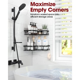 Sakugi Corner Shower Caddy - 2 Pack, Adhesive Shower Organizers, Rustproof Stainless Steel Shower Shelves with 8 Hooks, No Drilling Bathroom Organizers and Storage Racks, Space-Saving, Black, Large
