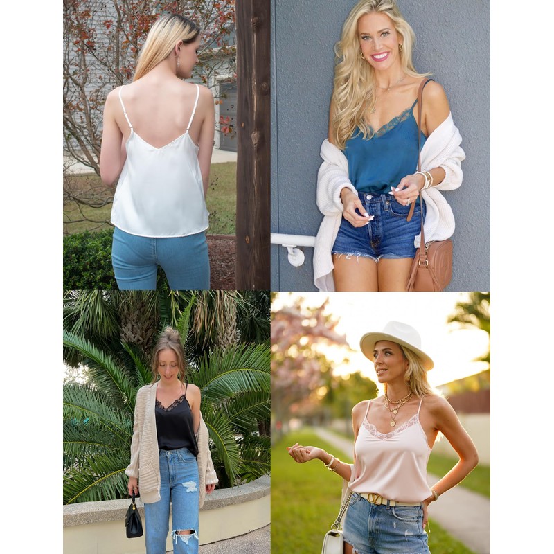 Ekouaer Women's 2 PCS Silk Satin Tank Top Lace Cami