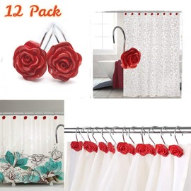 iiEASEST Red Shower Curtain Hook Home Fashion Decorative Rustproof Anti Rust Resin Rose Flower Shower Hooks Rings for Bathroom Shower Rods Curtains 12 Pack